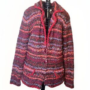 Coldwater Creek Womens Boucle Cardigan Small Red Zip Up Textured Boho Artsy